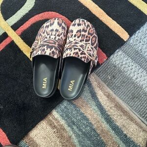 MIA Leopard Print Mules with Gold Buckle